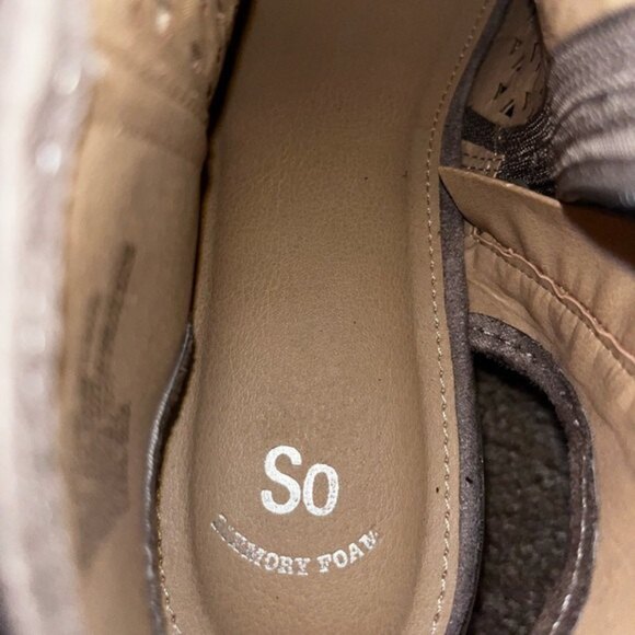 SO Rhinestone Heeled Sandals Open Toe Taupe Grey Block Heel Womens Size 5 - Picture 6 of 7